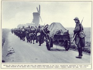 Franse infanterie op mars, met een voederwagen op de voorgrond, uit The Illustrated War News, gepubliceerd op 22 november 1939 door English Photographer